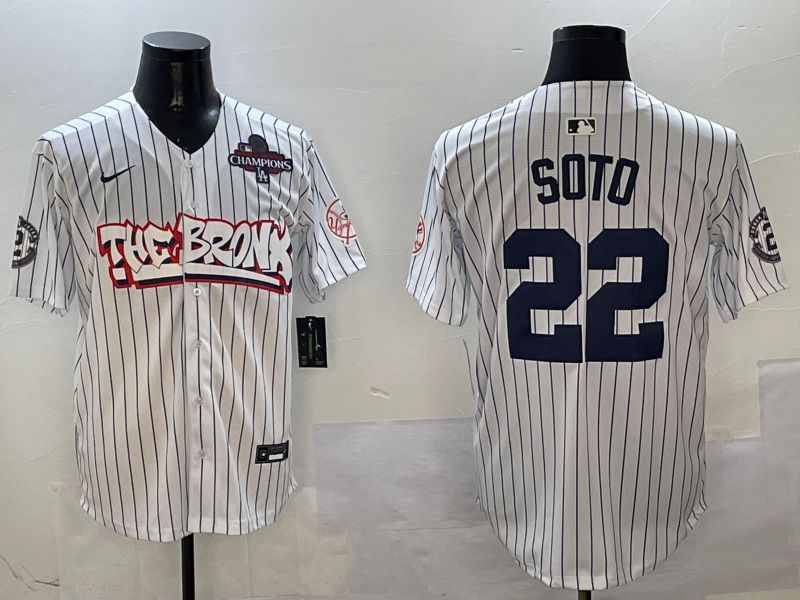 Men New York Yankees 22 Soto White Stripe four generations Joint Name 2025 Nike MLB Jersey style 2
